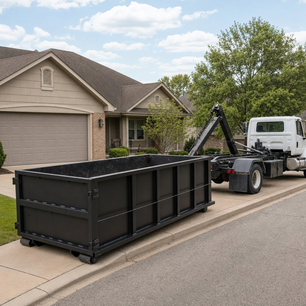 Wide documentary shot of a matte-black roll-off dumpster on a Oceanside residential driveway in the foreground and a contractor jobsite container in the soft-focus background, bright daylight, calm and orderly composition.